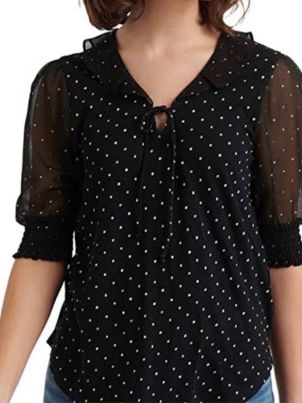 Lucky Brand Puff Sleeve Blouse Mixed Media Split Neck Dotted Black White Size S